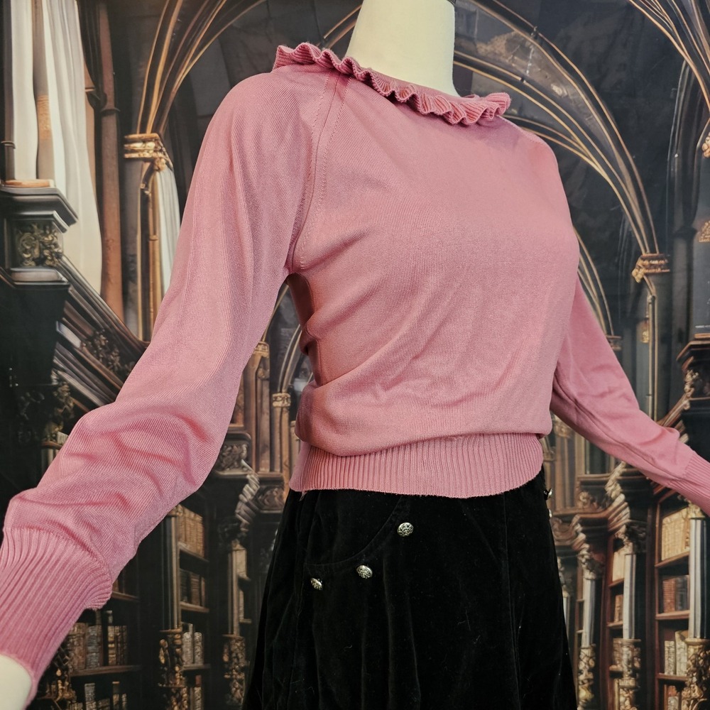 Vintage 1980s Ruffle Neck Sweater Rose Pink Givenchy Sport Long Sleeve